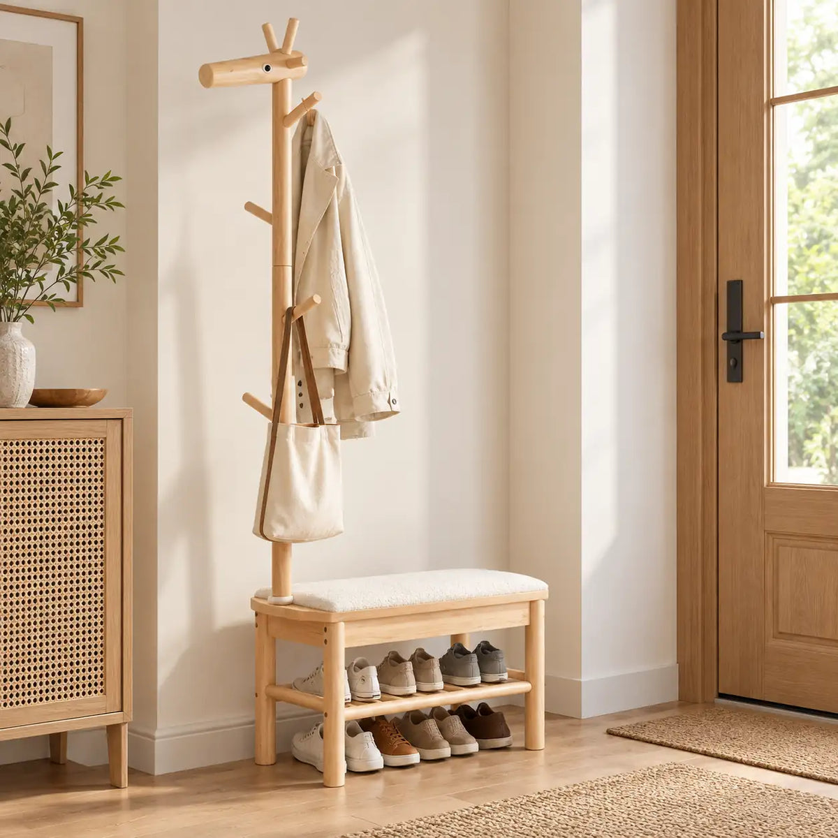 Banc porte-manteau bois naturel 70 cm avec vêtements et chaussures rangés