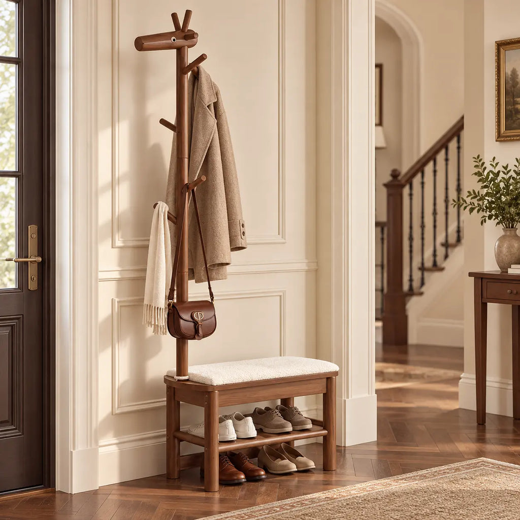 Banc porte-manteau noyer 70 cm dans une entrée aménagée