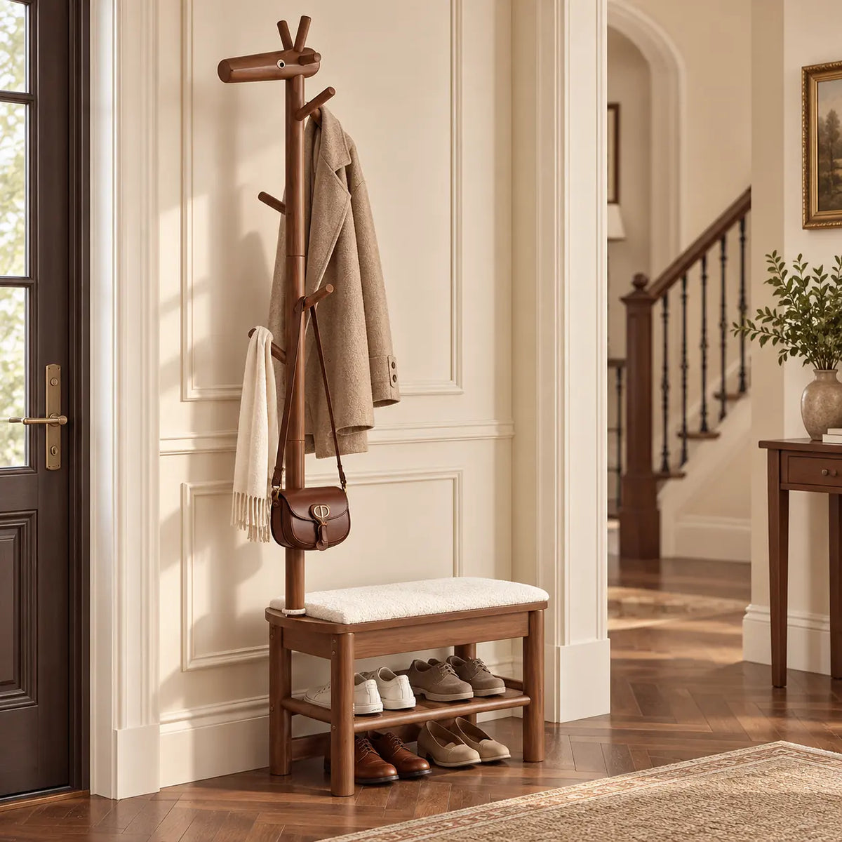 Banc porte-manteau noyer 70 cm dans une entrée aménagée