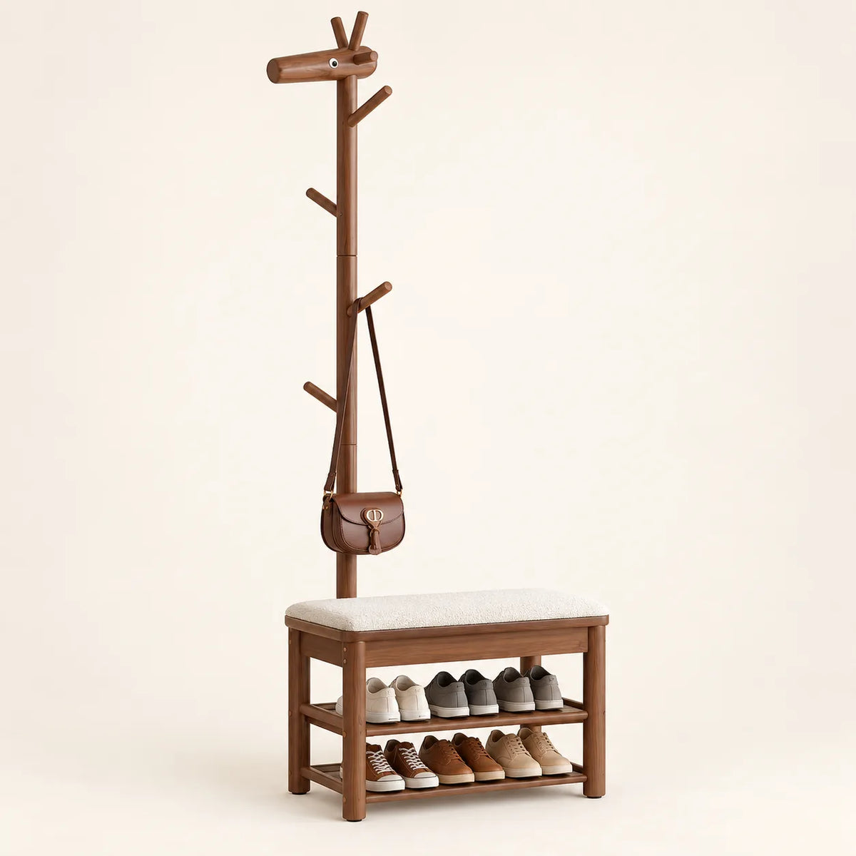 Banc porte-manteau noyer 70 cm complet sur fond clair