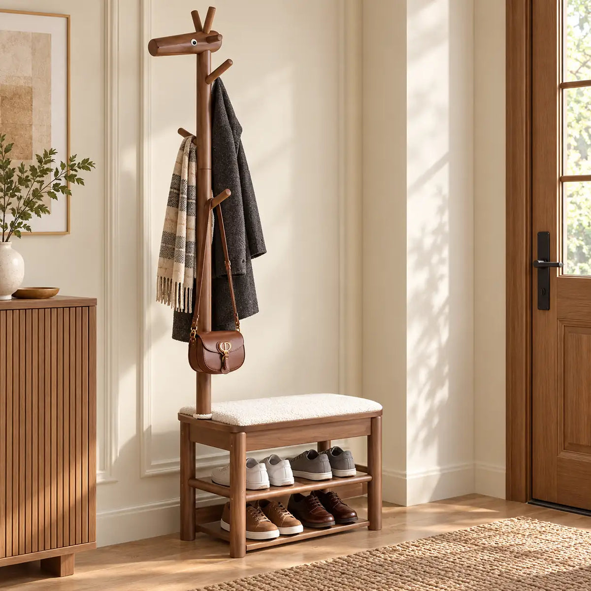 Banc porte-manteau noyer 70 cm avec vêtements et chaussures rangés