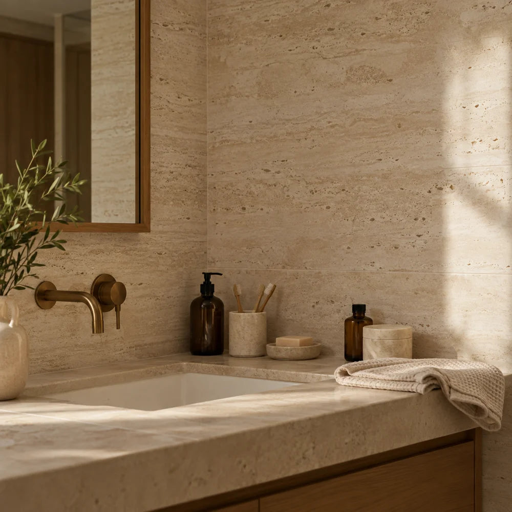 Illustration avant rangement : produits de toilette sur le bord du lavabo