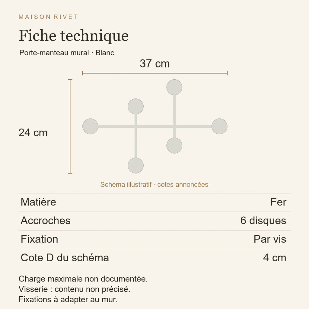 Fiche technique blanc : fer, largeur 37 cm, hauteur 24 cm, six disques, fixation par vis, cote D fournisseur 40 mm