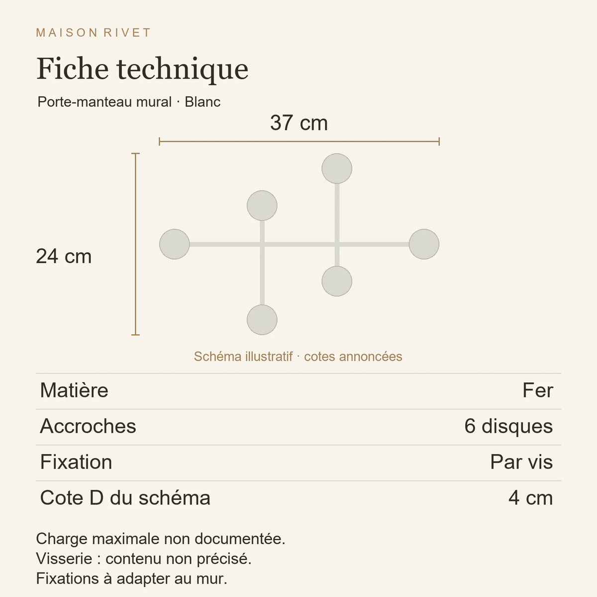 Fiche technique blanc : fer, largeur 37 cm, hauteur 24 cm, six disques, fixation par vis, cote D fournisseur 40 mm