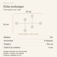 Fiche technique blanc : fer, largeur 37 cm, hauteur 24 cm, six disques, fixation par vis, cote D fournisseur 40 mm