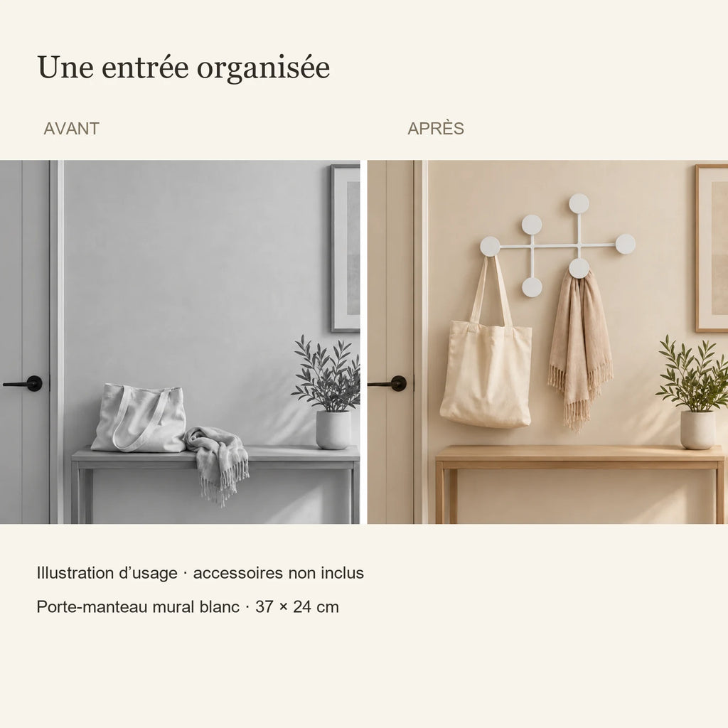 Avant et après illustratif, même entrée avec le porte-manteau blanc, accessoires non inclus