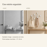 Avant et après illustratif, même entrée avec le porte-manteau blanc, accessoires non inclus