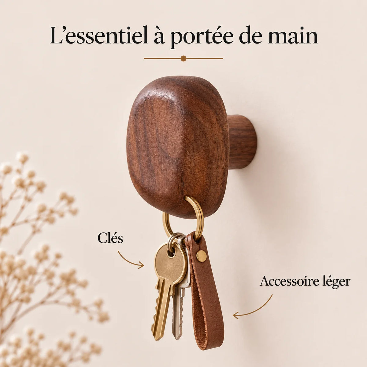 Patère bois carrée murale, crochet bois massif forme galet - utilisation pour accessoires du quotidien