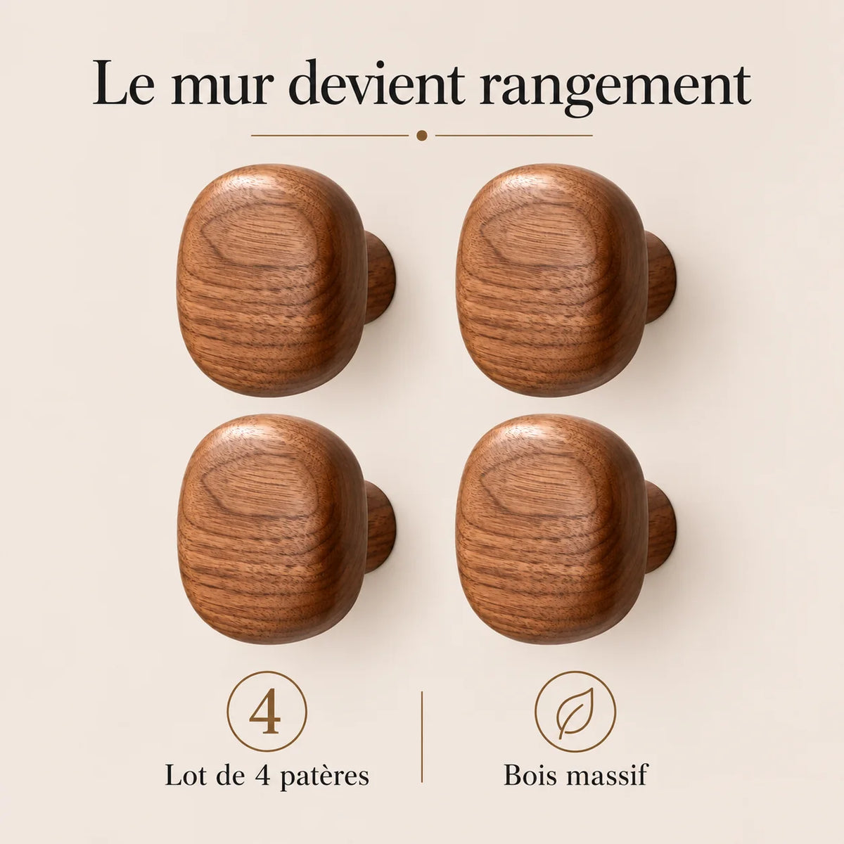 Patère bois carrée lot 4 crochets muraux, forme géométrique bois massif - bénéfices et finition du bois