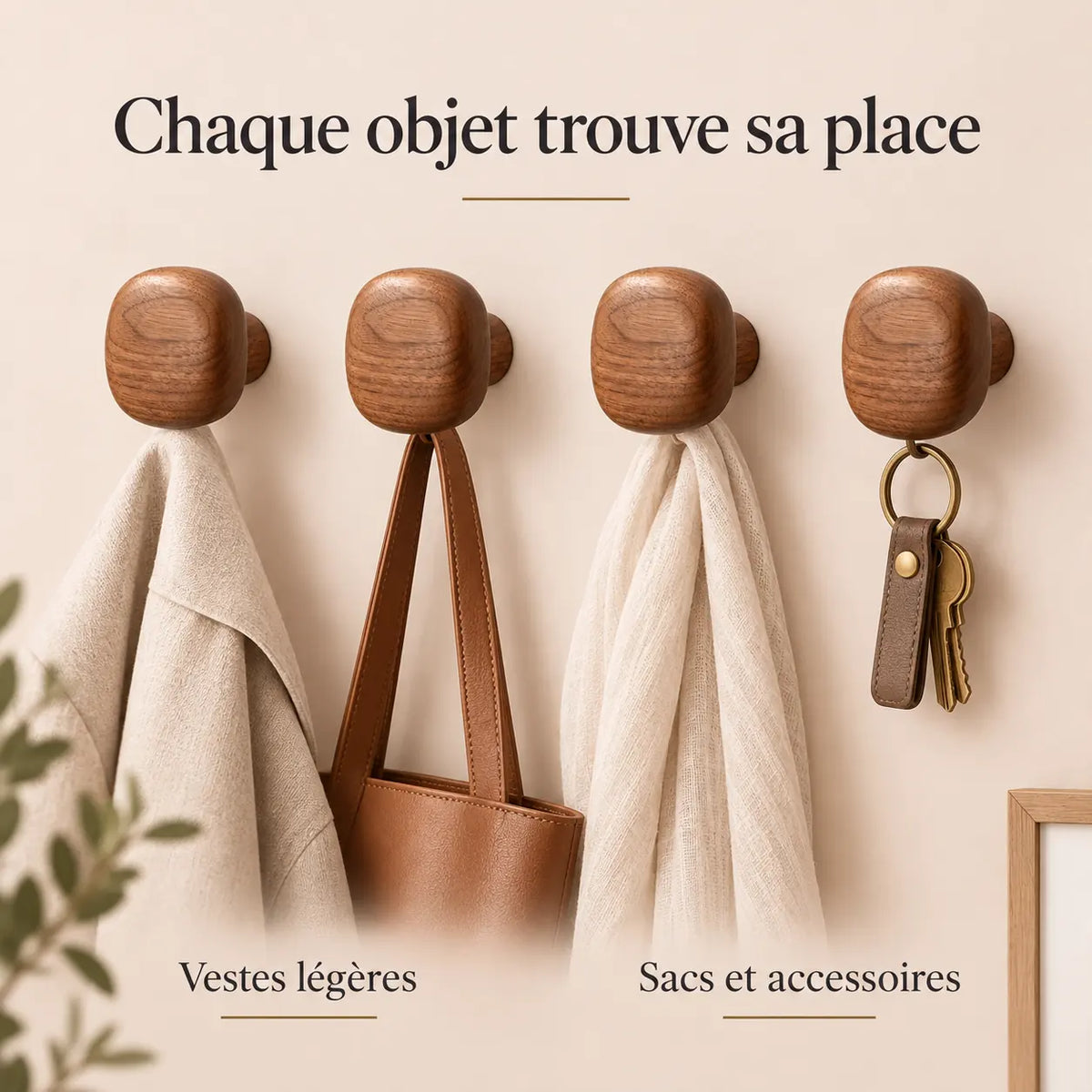 Patère bois carrée lot 4 crochets muraux, forme géométrique bois massif - utilisation pour accessoires du quotidien