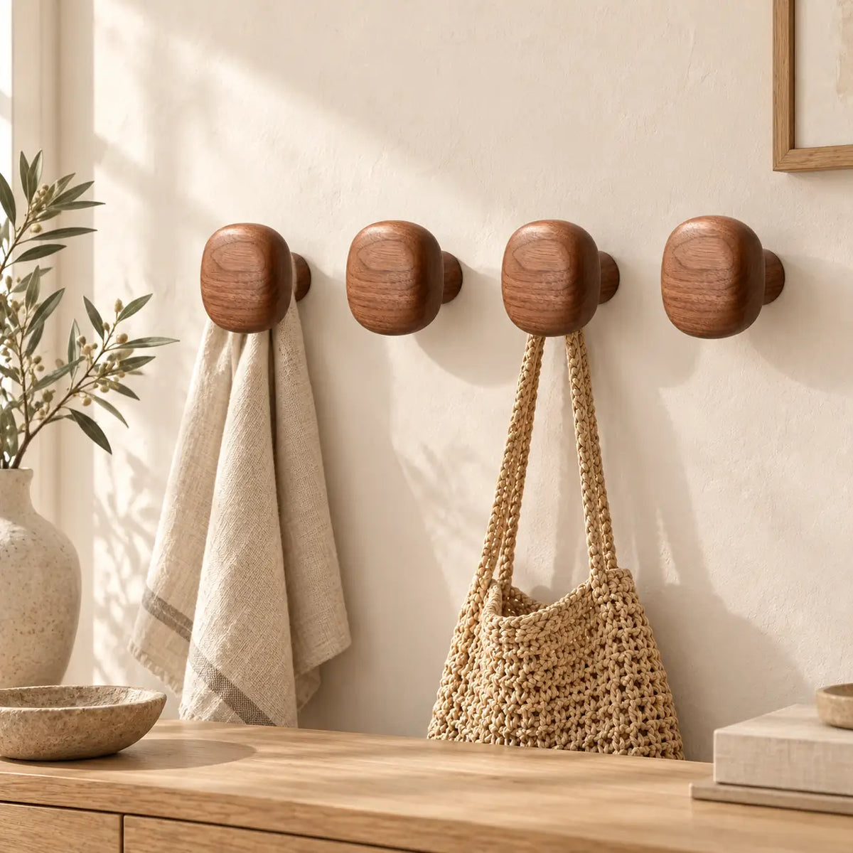 Patère bois carrée lot 4 crochets muraux, forme géométrique bois massif - mise en scène dans une entrée