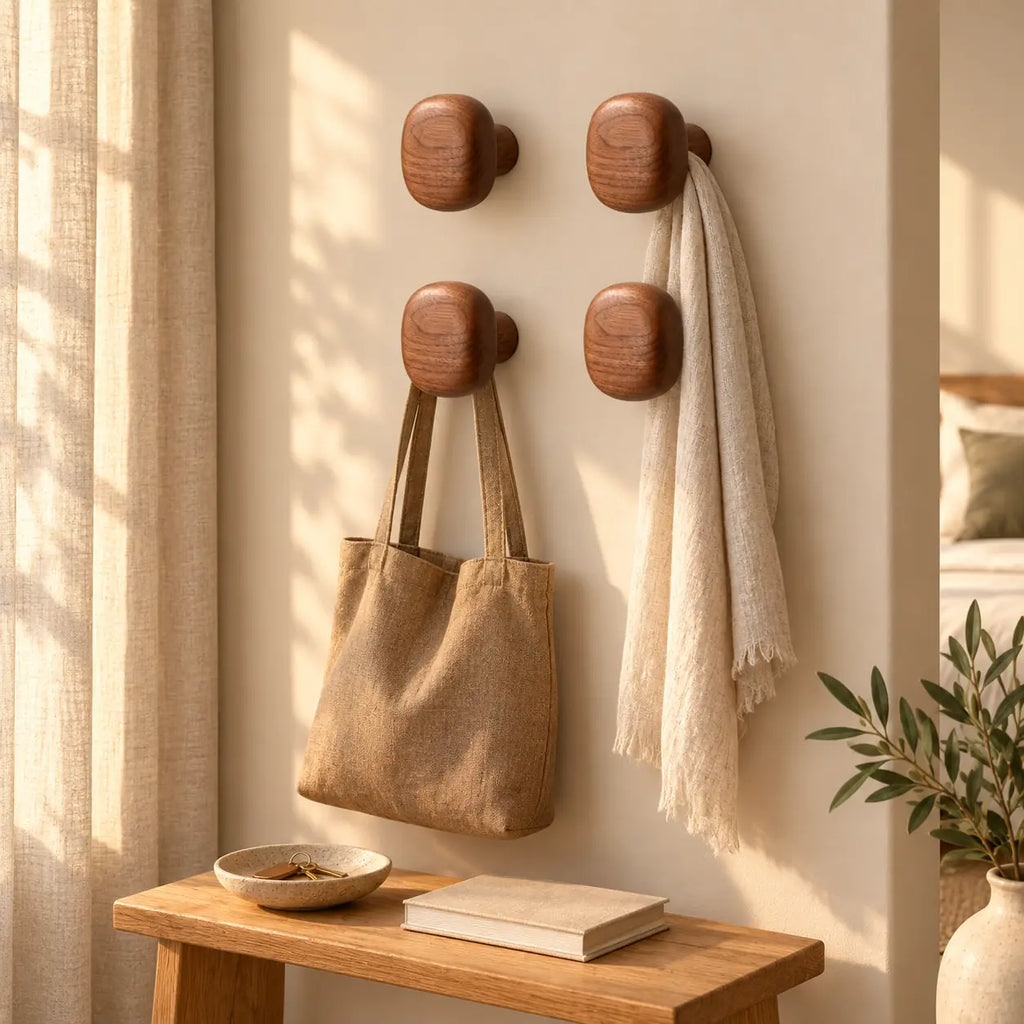 Patère bois carrée lot 4 crochets muraux, forme géométrique bois massif - ambiance dans un intérieur contemporain