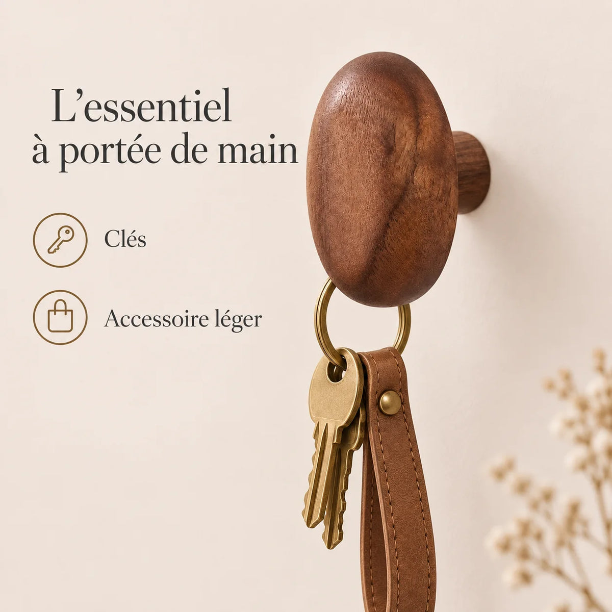 Patère bois ellipse murale, crochet bois massif forme ovale - utilisation pour accessoires du quotidien
