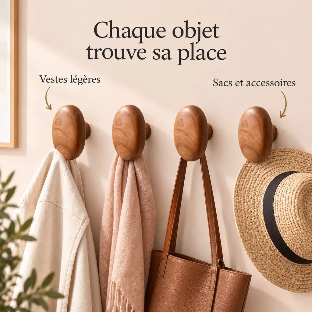 Patère bois ellipse lot 4 crochets muraux, forme ovale bois massif - utilisation pour accessoires du quotidien