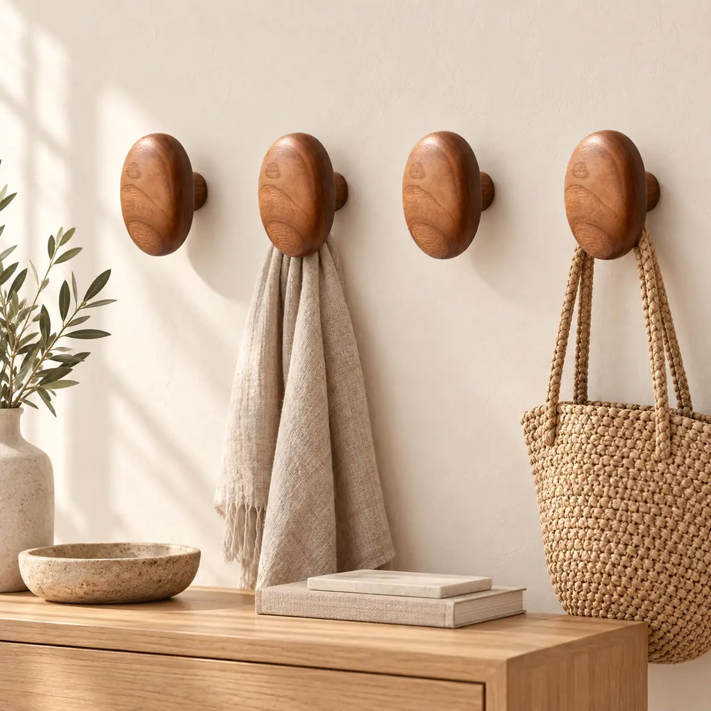 Patère bois ellipse lot 4 crochets muraux, forme ovale bois massif - mise en scène dans une entrée