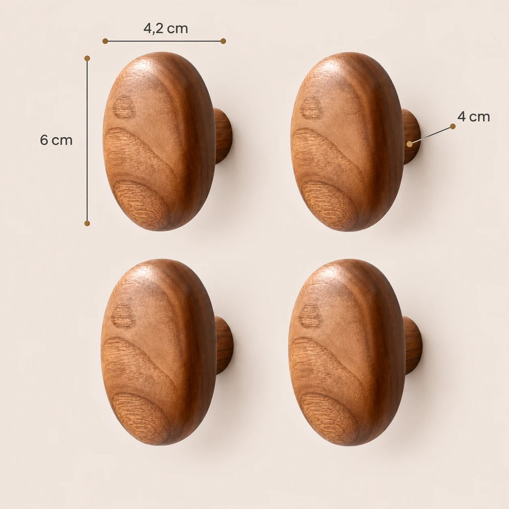 Patère bois ellipse lot 4 crochets muraux, forme ovale bois massif - dimensions du produit