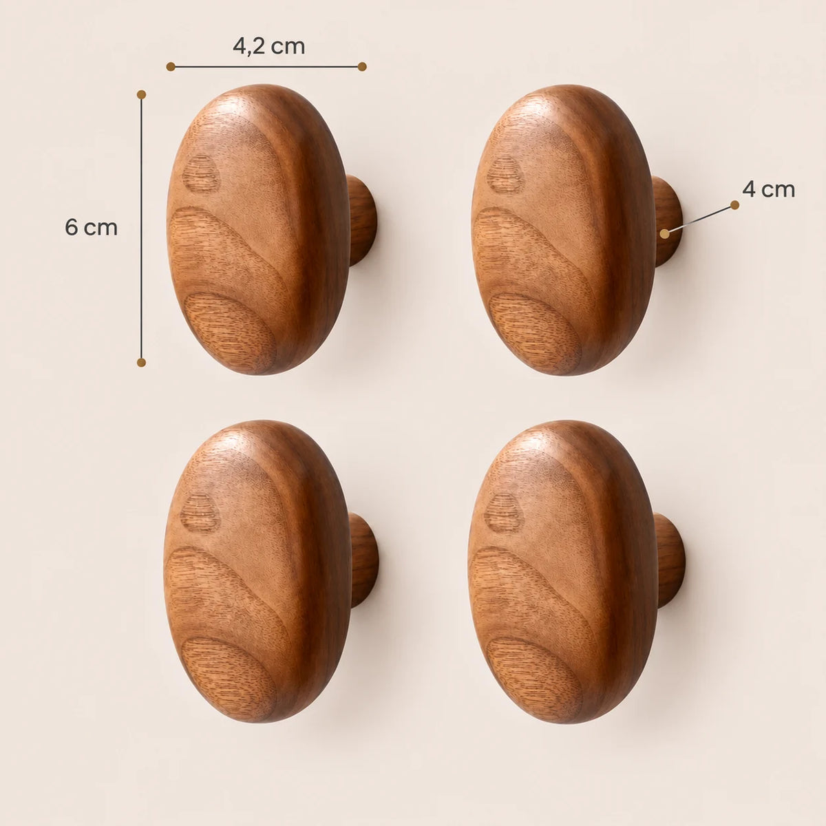 Patère bois ellipse lot 4 crochets muraux, forme ovale bois massif - dimensions du produit