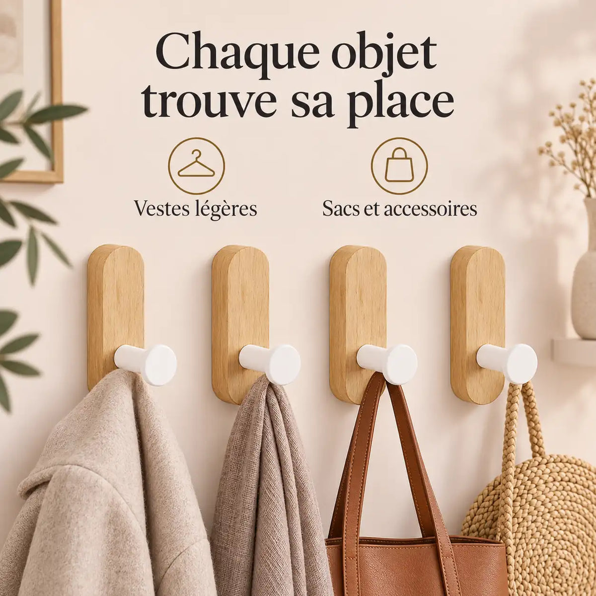 Patère bois hêtre lot 4 crochets muraux sans perçage - utilisation pour accessoires du quotidien