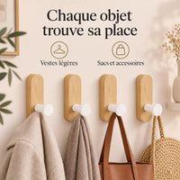 Patère bois hêtre lot 4 crochets muraux sans perçage - utilisation pour accessoires du quotidien