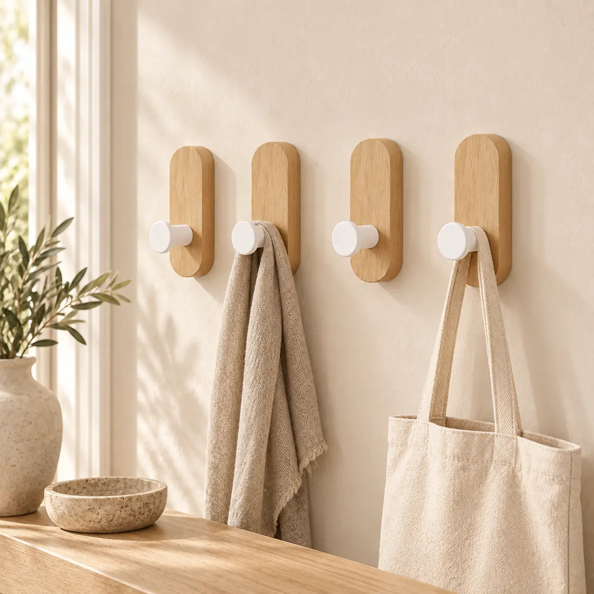 Patère bois hêtre lot 4 crochets muraux sans perçage - mise en scène dans une entrée