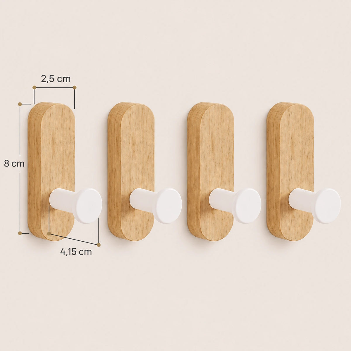 Patère bois hêtre lot 4 crochets muraux sans perçage - dimensions du produit