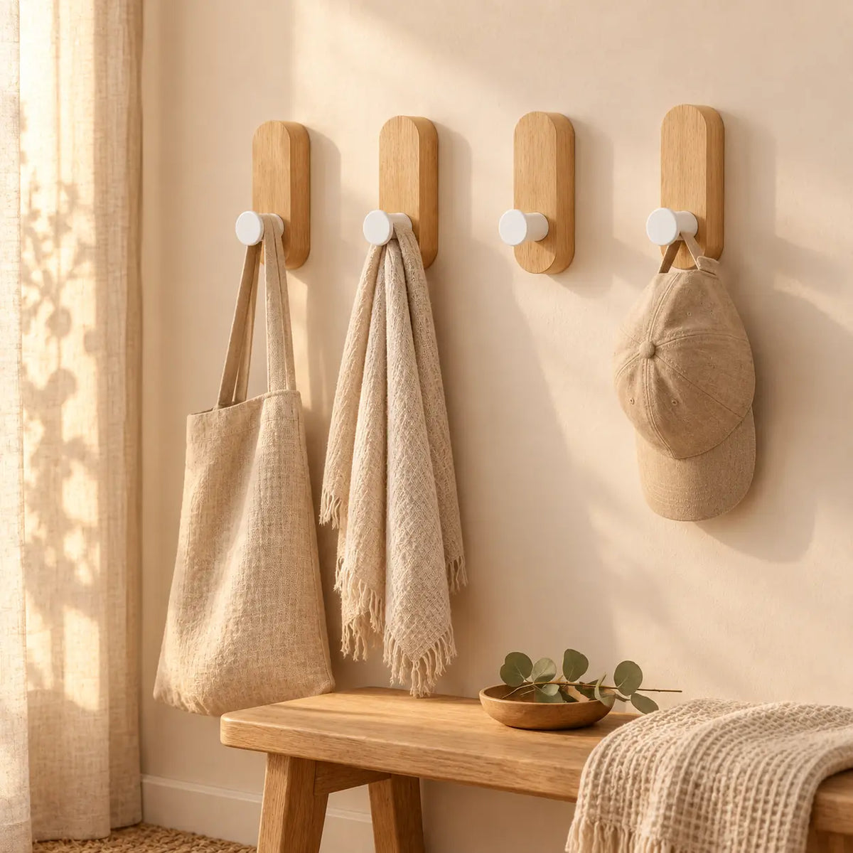 Patère bois hêtre lot 4 crochets muraux sans perçage - ambiance dans un intérieur contemporain