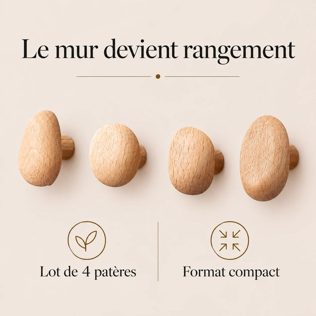Patère bois naturel compact lot 4 crochets, bois massif sans perçage - bénéfices et finition du bois
