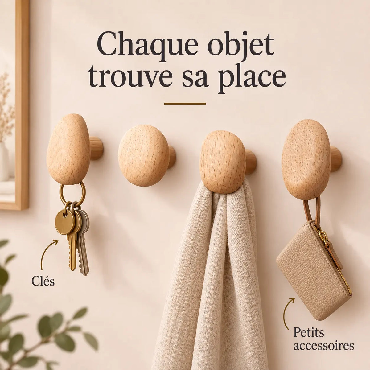 Patère bois naturel compact lot 4 crochets, bois massif sans perçage - utilisation pour accessoires du quotidien