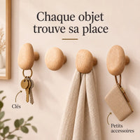 Patère bois naturel compact lot 4 crochets, bois massif sans perçage - utilisation pour accessoires du quotidien