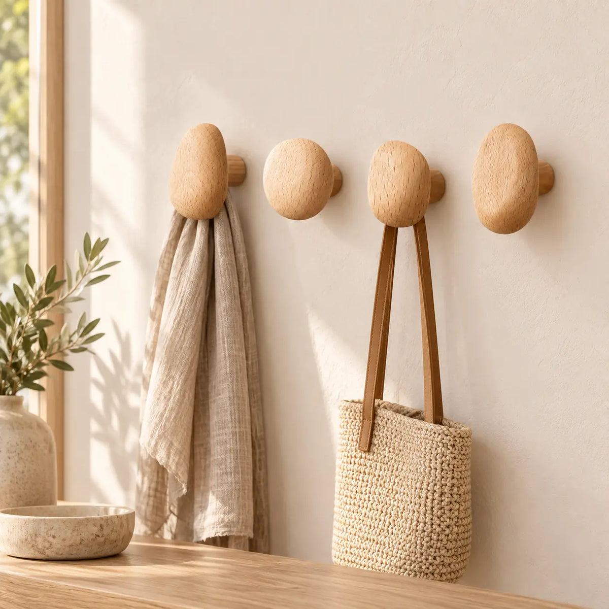 Patère bois naturel compact lot 4 crochets, bois massif sans perçage - mise en scène dans une entrée