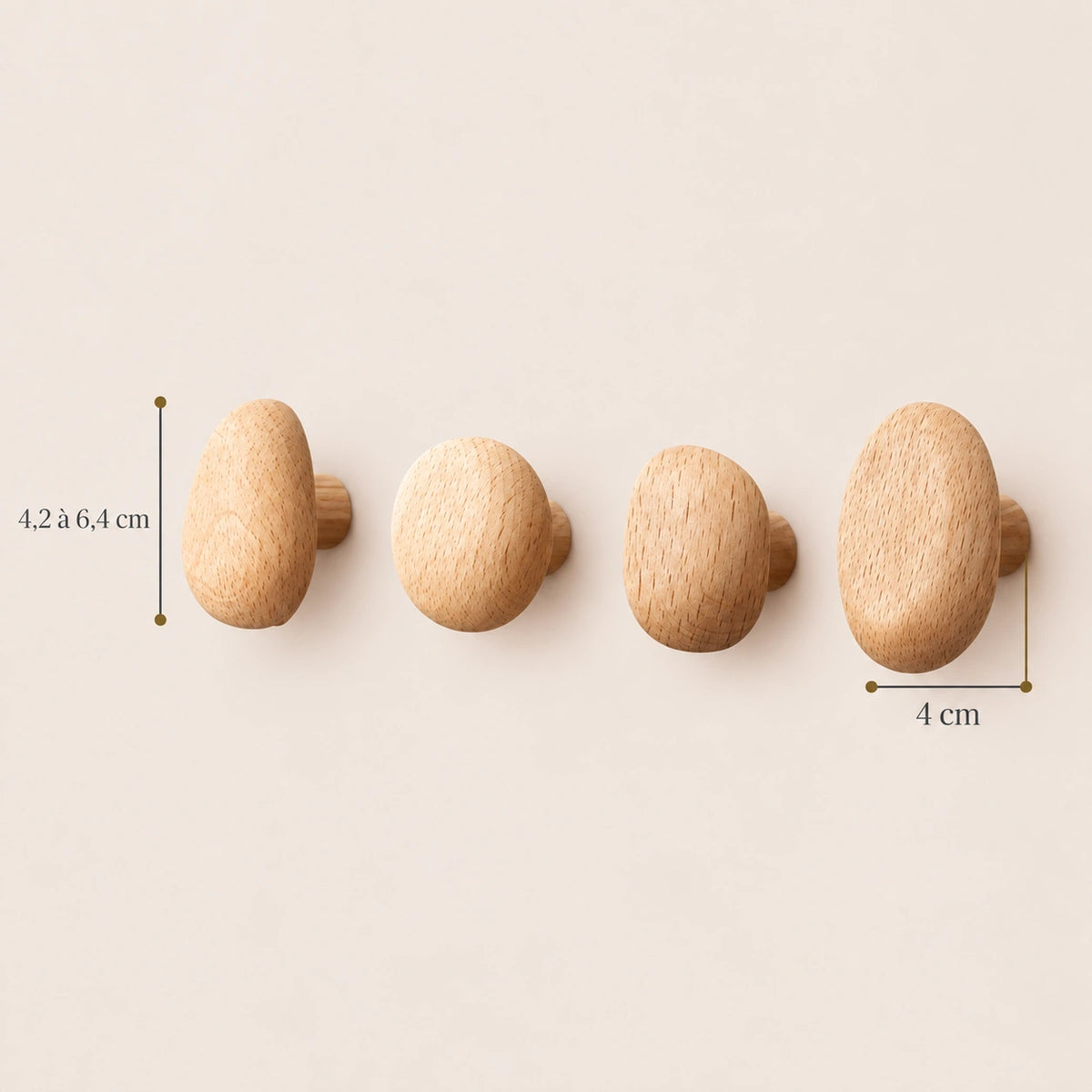 Patère bois naturel compact lot 4 crochets, bois massif sans perçage - dimensions du produit