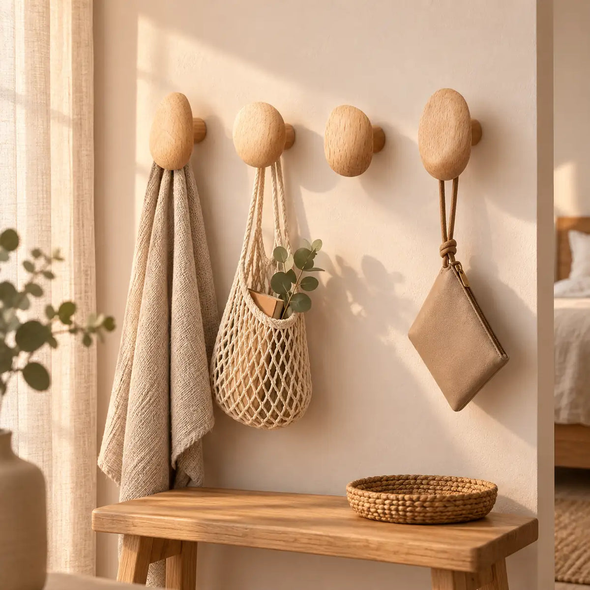 Patère bois naturel compact lot 4 crochets, bois massif sans perçage - ambiance dans un intérieur contemporain