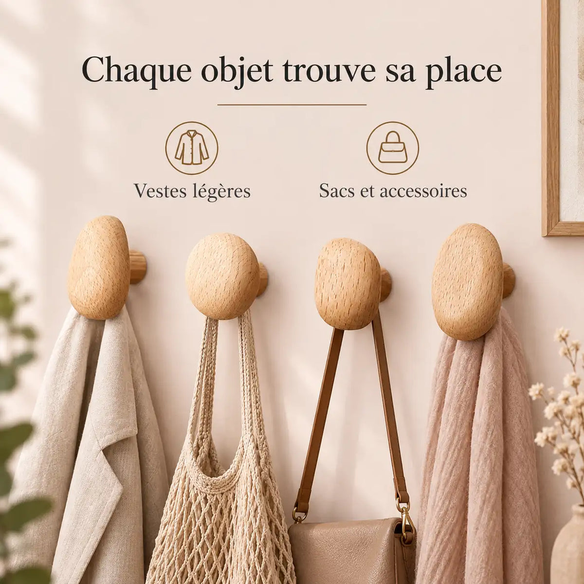Patère bois naturel lot 4 crochets muraux, bois massif clair - utilisation pour accessoires du quotidien