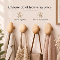 Patère bois naturel lot 4 crochets muraux, bois massif clair - utilisation pour accessoires du quotidien