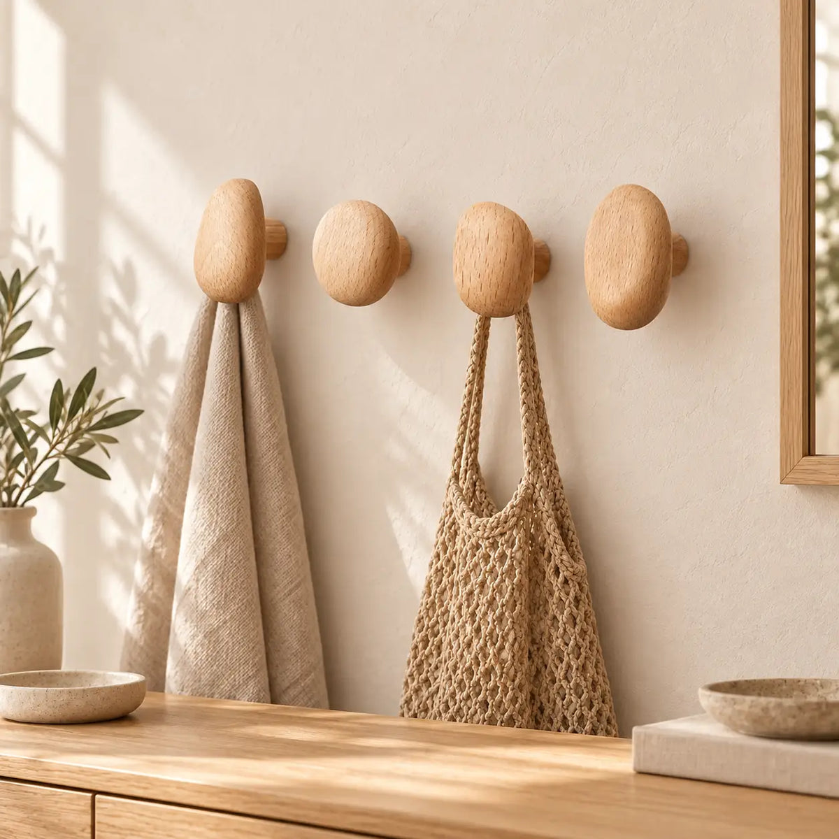 Patère bois naturel lot 4 crochets muraux, bois massif clair - mise en scène dans une entrée Image