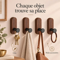 Patère bois noyer compact lot 4 crochets muraux - utilisation pour accessoires du quotidien