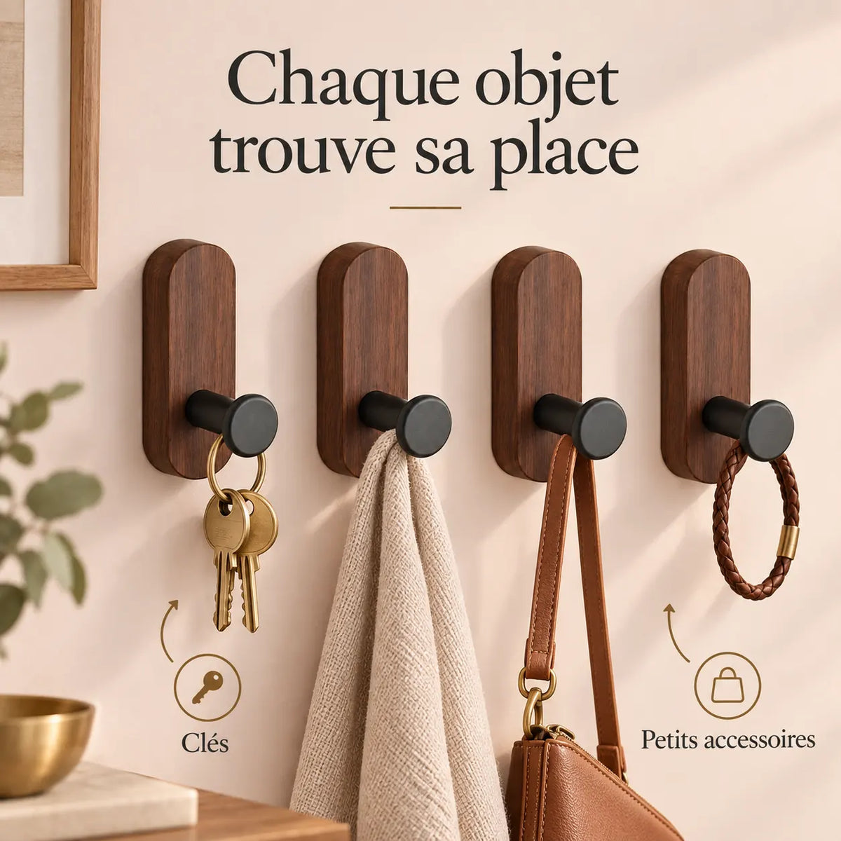 Patère bois noyer compact lot 4 crochets muraux - utilisation pour accessoires du quotidien