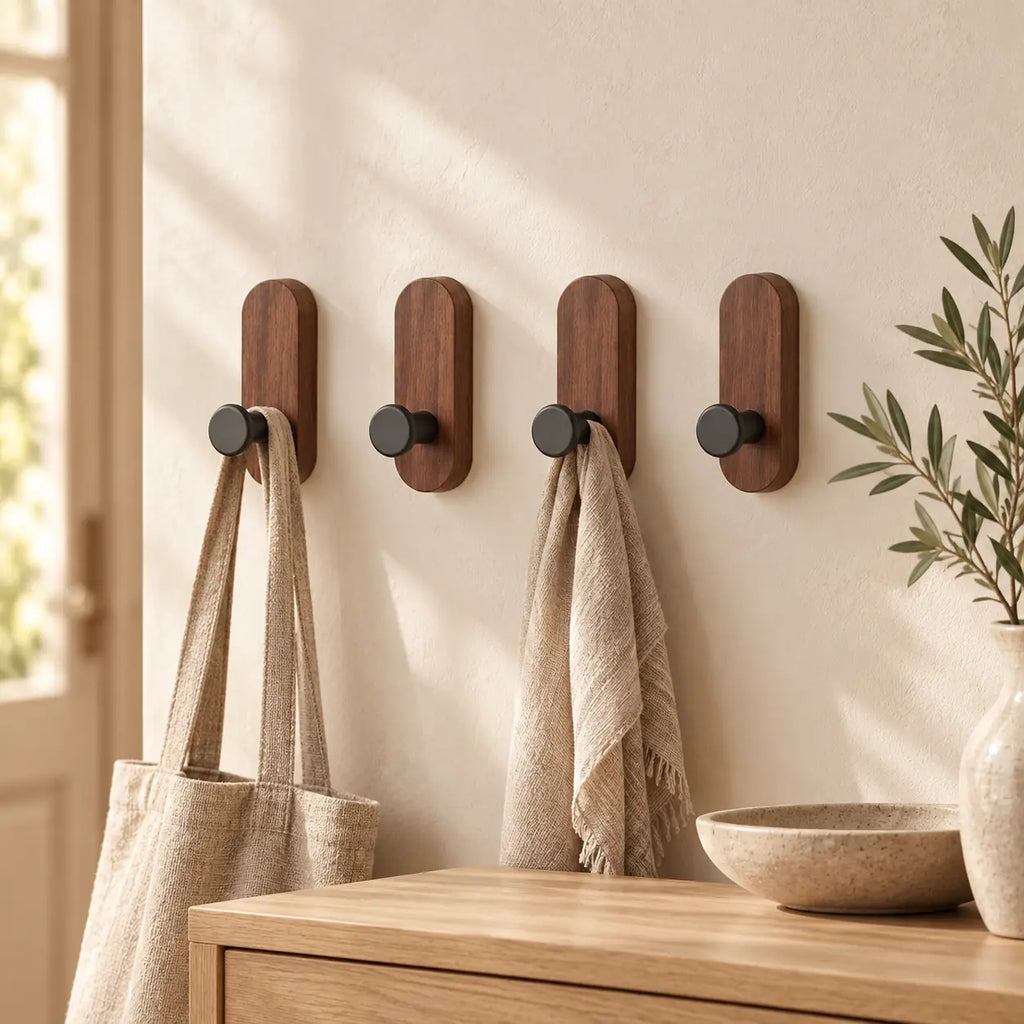 Patère bois noyer compact lot 4 crochets muraux - mise en scène dans une entrée
