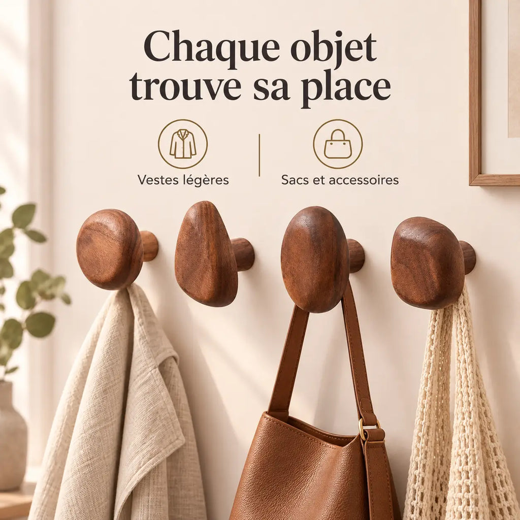 Patère bois noyer lot 4 crochets muraux, bois massif premium - utilisation pour accessoires du quotidien