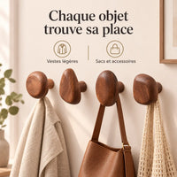 Patère bois noyer lot 4 crochets muraux, bois massif premium - utilisation pour accessoires du quotidien