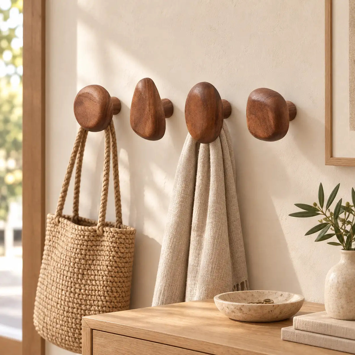 Patère bois noyer lot 4 crochets muraux, bois massif premium - mise en scène dans une entrée
