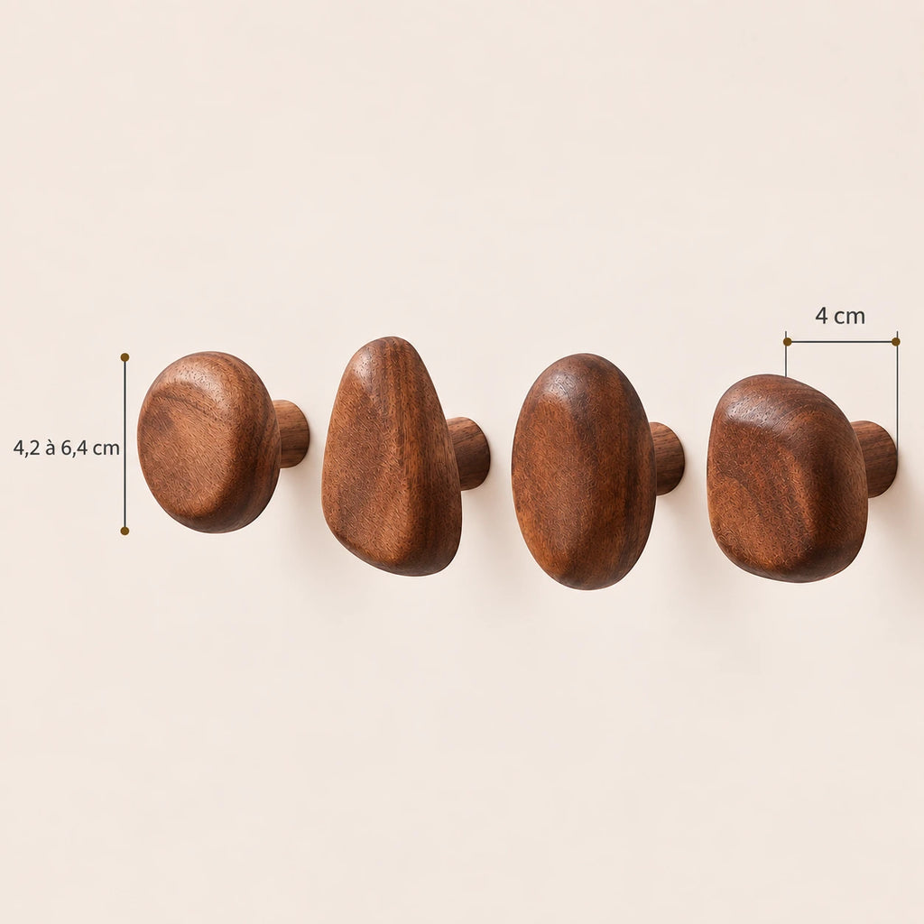 Patère bois noyer lot 4 crochets muraux, bois massif premium - dimensions du produit