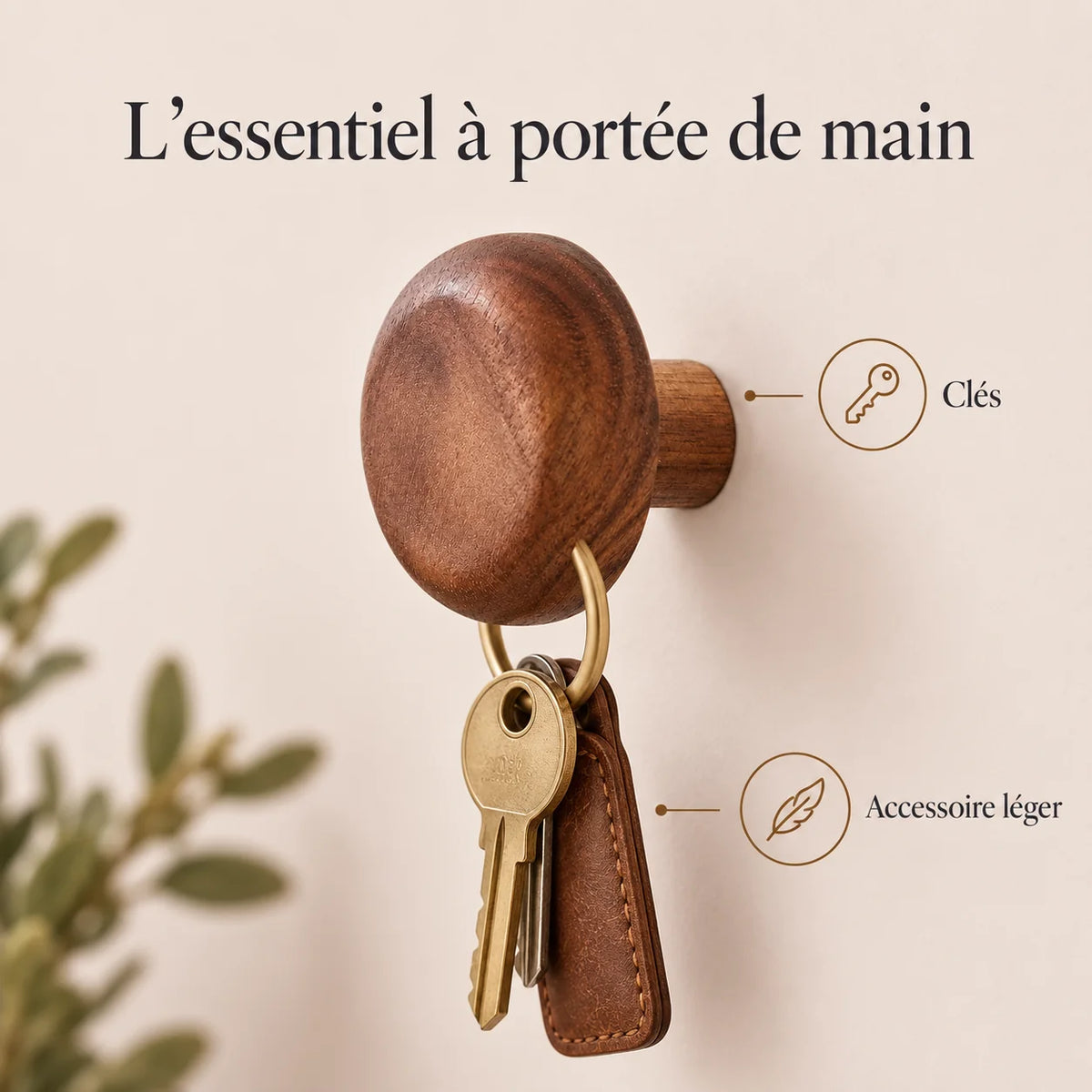 Patère bois ronde galet murale, crochet bois massif forme organique - utilisation pour accessoires du quotidien