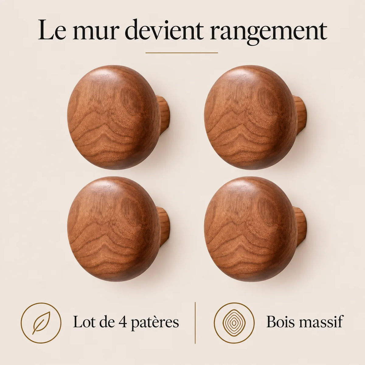 Patère bois ronde lot 4 crochets muraux, forme galet bois massif - bénéfices et finition du bois