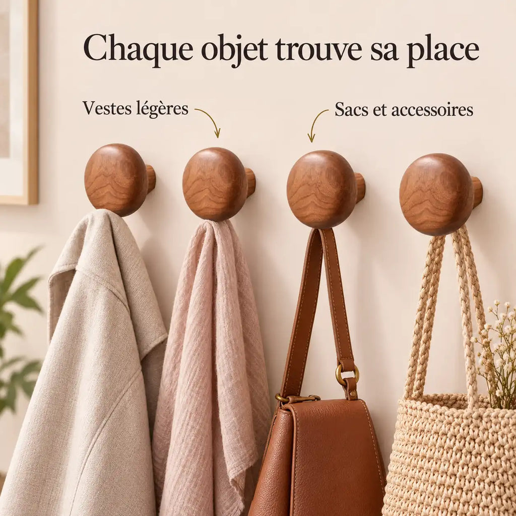 Patère bois ronde lot 4 crochets muraux, forme galet bois massif - utilisation pour accessoires du quotidien