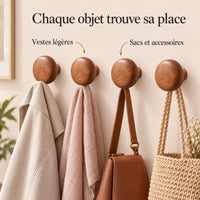 Patère bois ronde lot 4 crochets muraux, forme galet bois massif - utilisation pour accessoires du quotidien