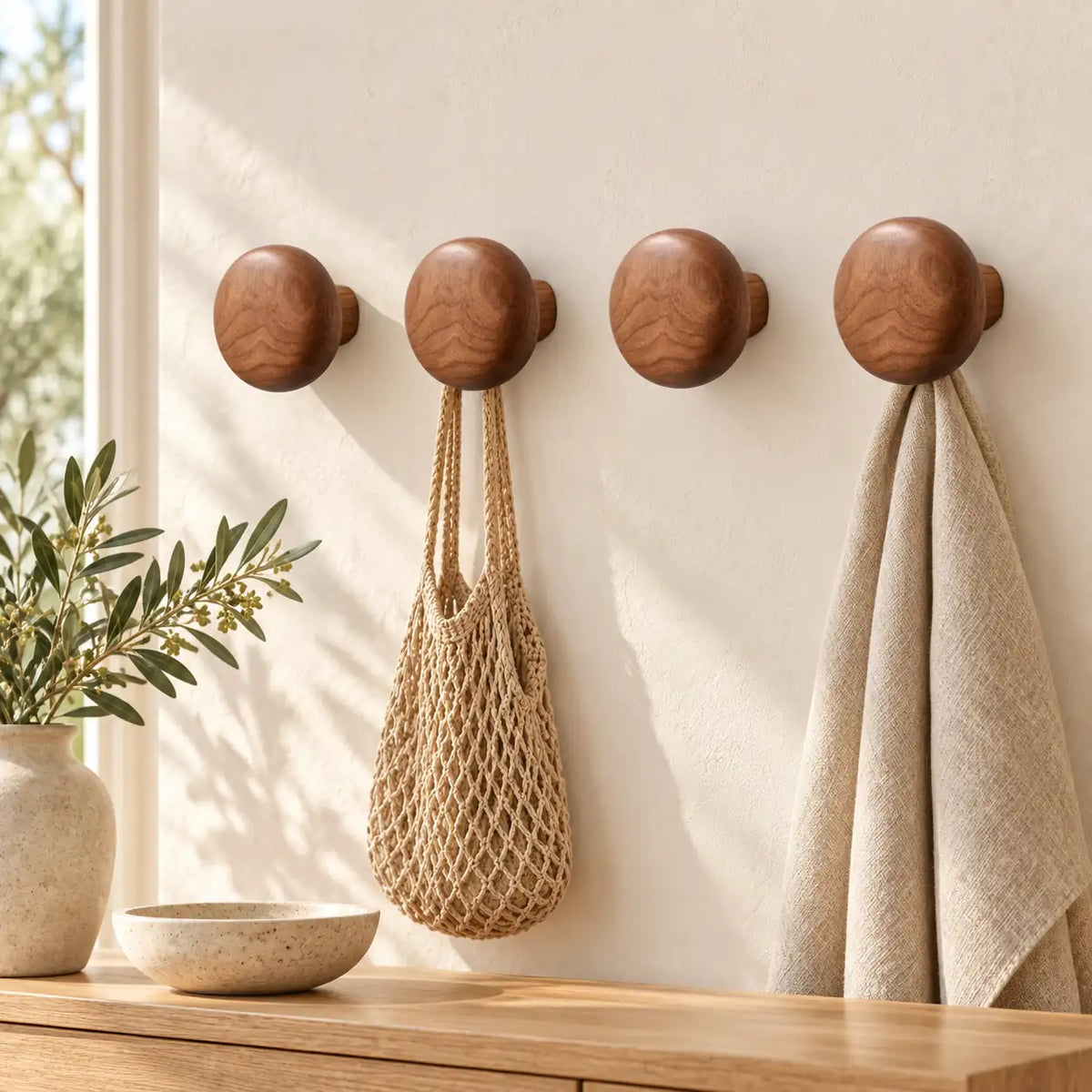 Patère bois ronde lot 4 crochets muraux, forme galet bois massif - mise en scène dans une entrée