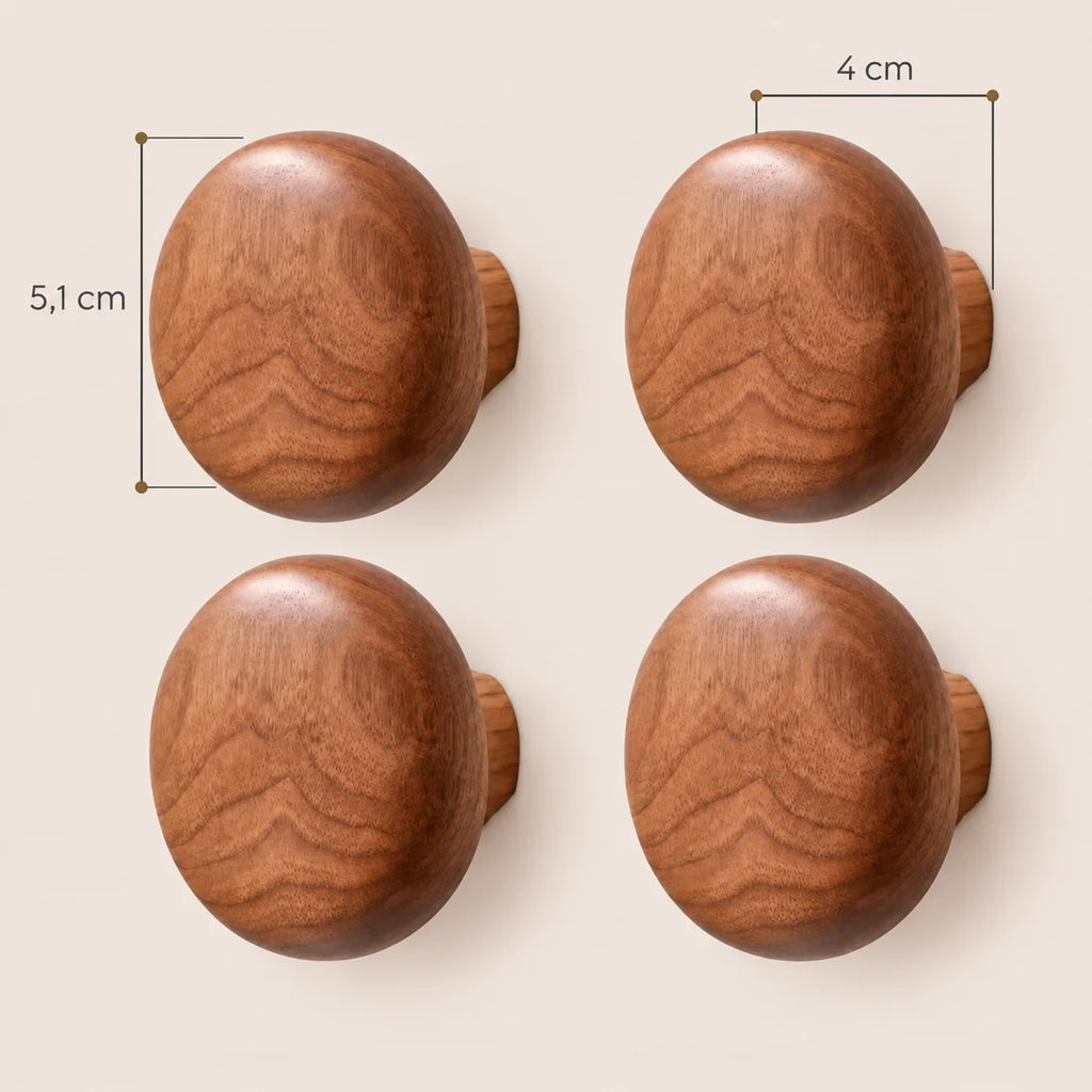 Patère bois ronde lot 4 crochets muraux, forme galet bois massif - dimensions du produit