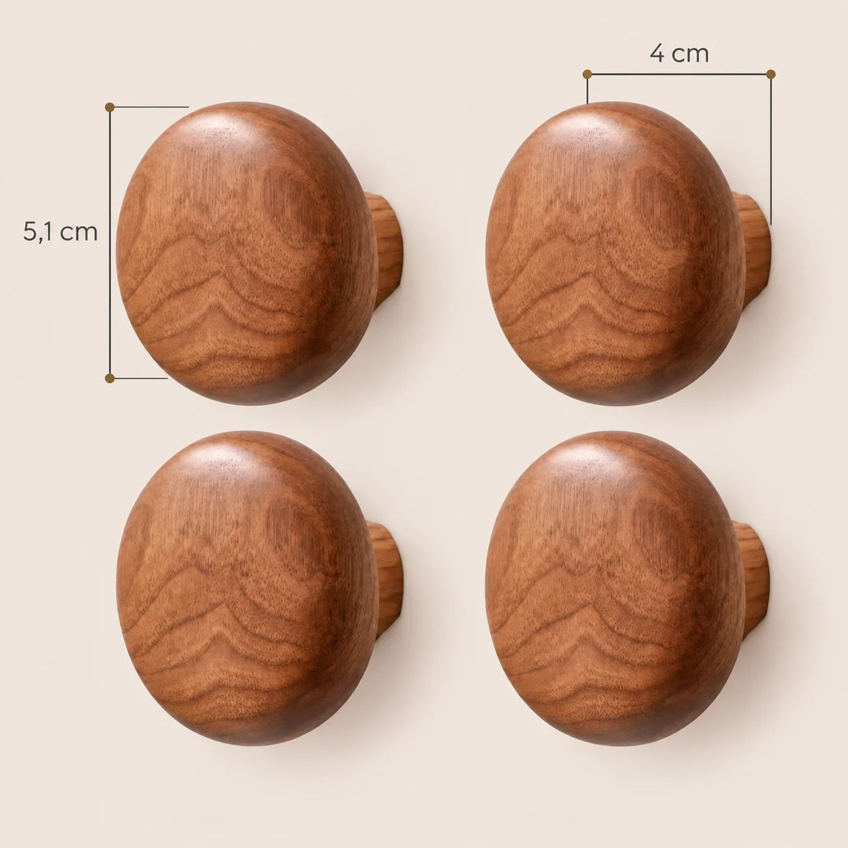 Patère bois ronde lot 4 crochets muraux, forme galet bois massif - dimensions du produit