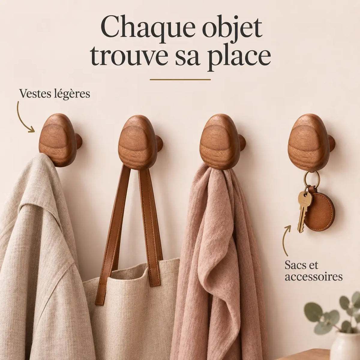 Patère bois triangle lot 4 crochets muraux, forme géométrique bois massif - utilisation pour accessoires du quotidien